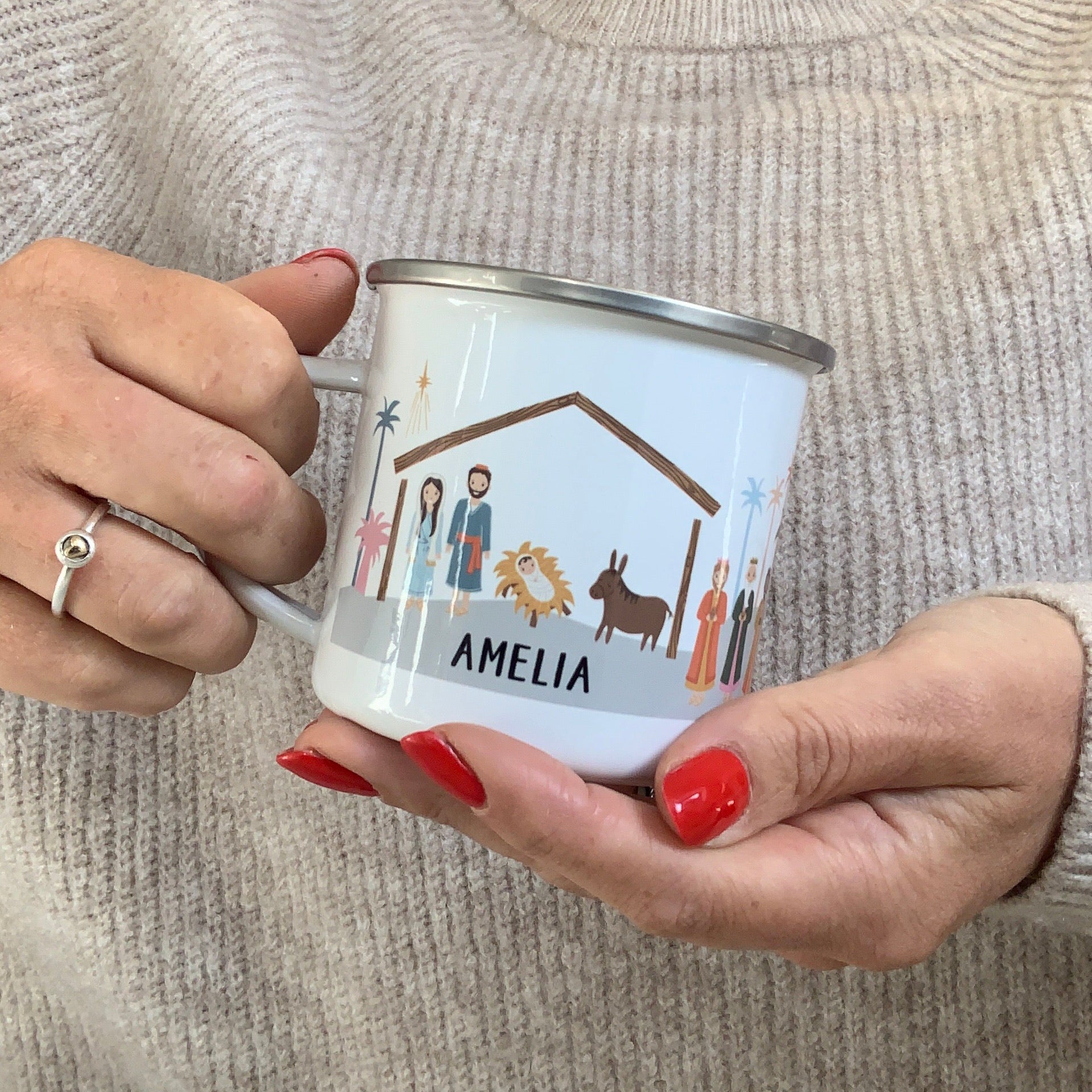 Personalised Retro Nativity Enamel Mug - Hendog Designs