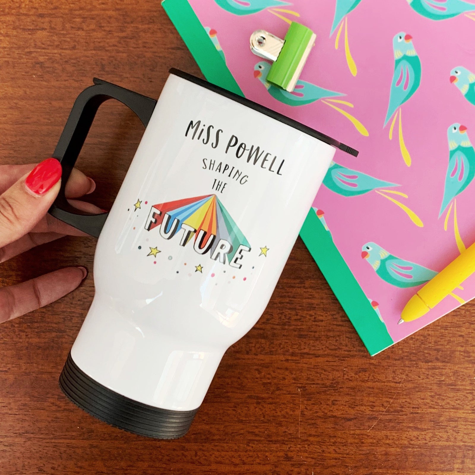Teacher Travel Mug - Shaping The Future Rainbow Design - Hendog Designs