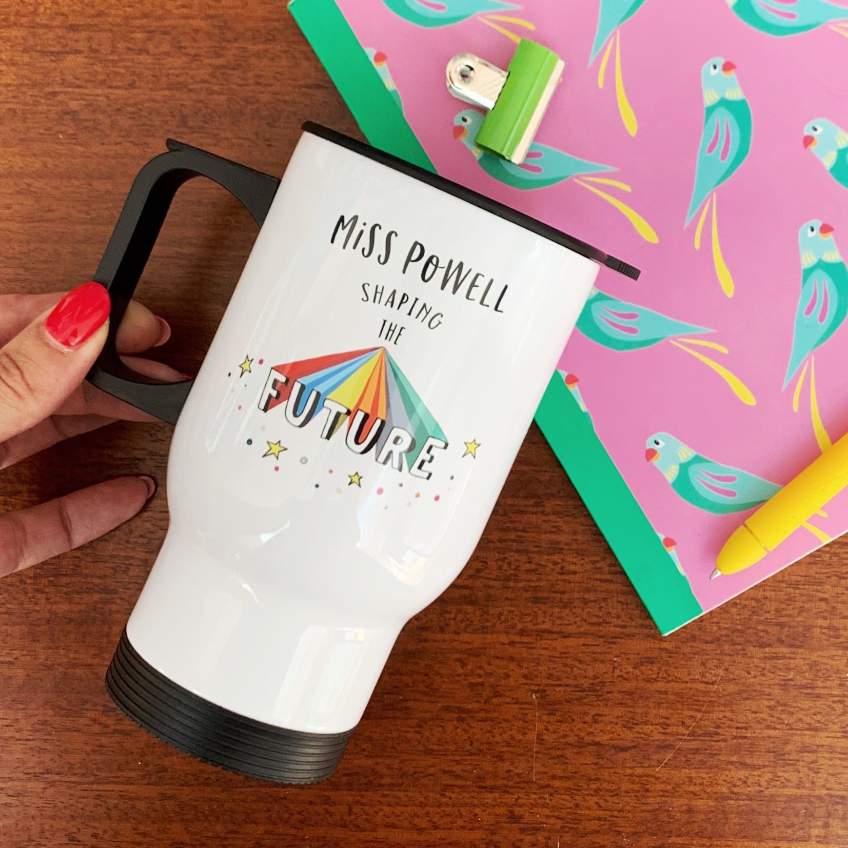 Teacher Travel Mug - Shaping The Future Rainbow Design - Hendog Designs