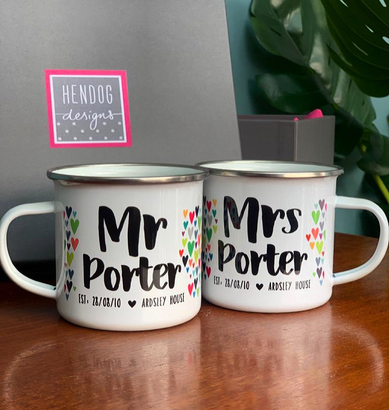 Mr And Mrs Personalised Enamel Mug Wedding Set - Hendog Designs