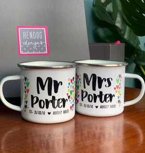 Mr And Mrs Personalised Enamel Mug Wedding Set