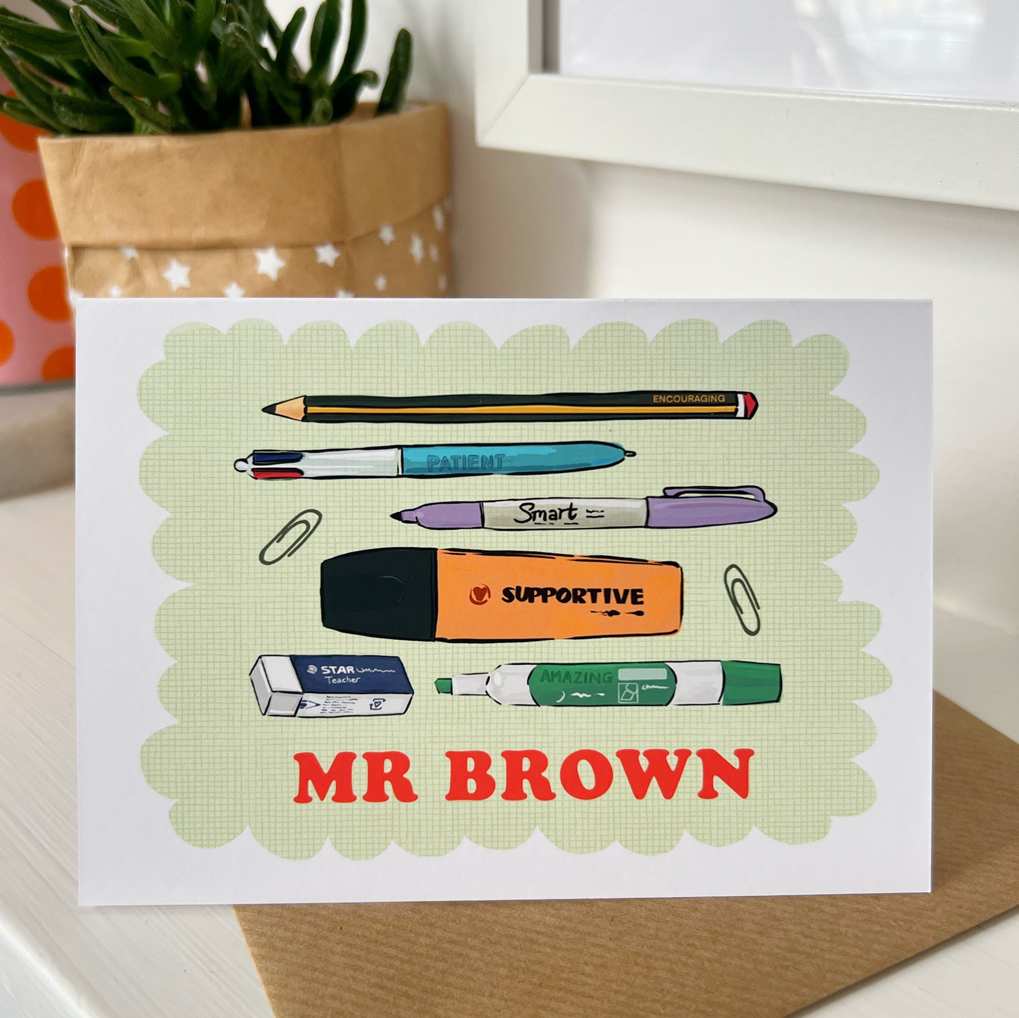 Thank You Teacher Card With Stationery Illustration