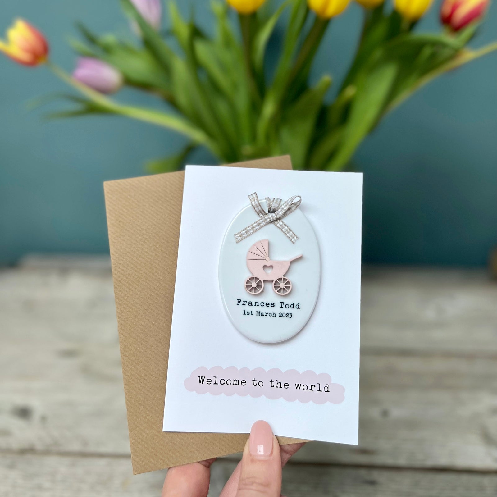 New Baby Card With Ceramic Keepsake with Pram