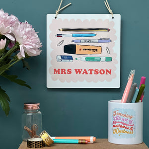 Teacher Tin Sign with Iconic Stationery Doodles With Positive Words
