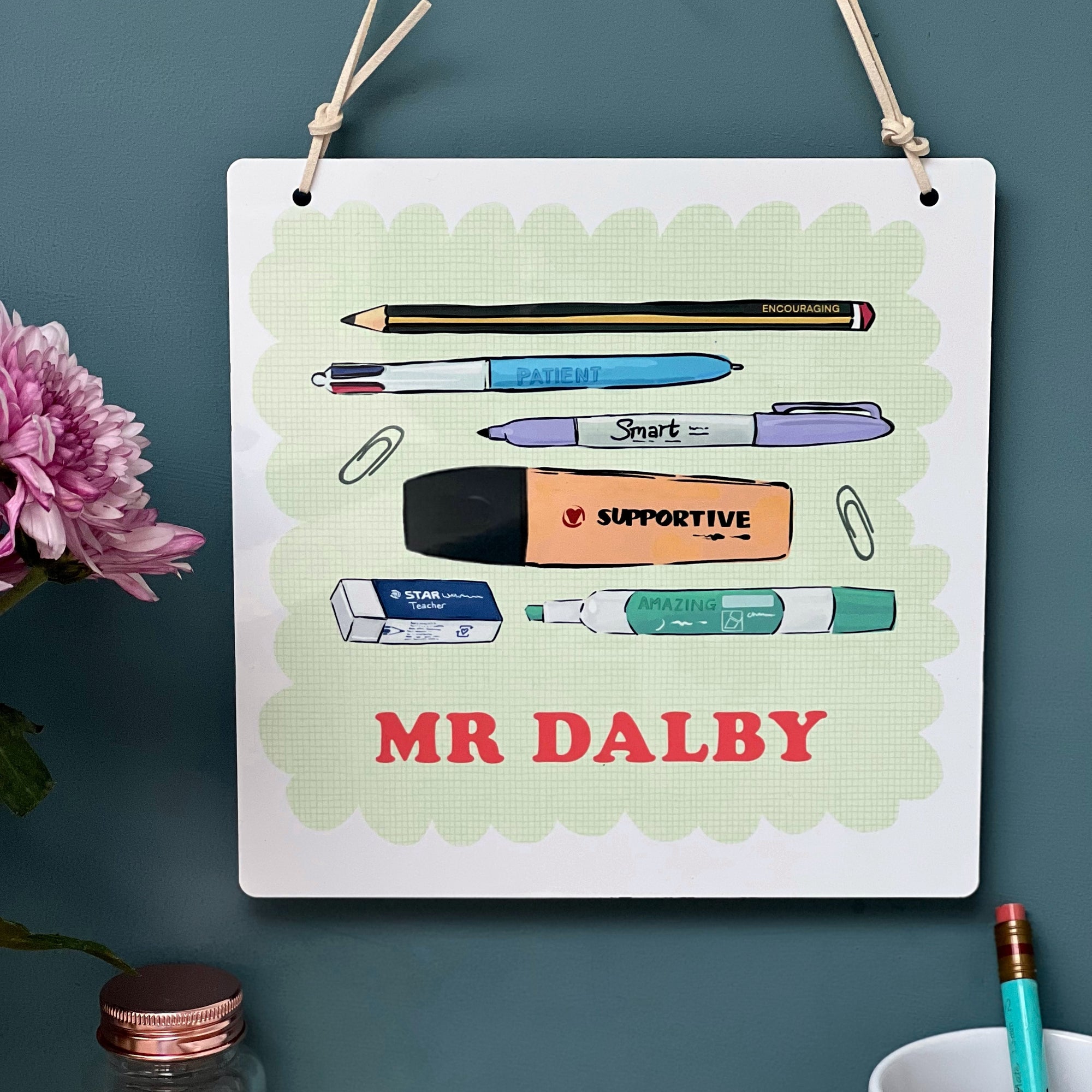 Teacher Tin Sign with Iconic Stationery Doodles With Positive Words