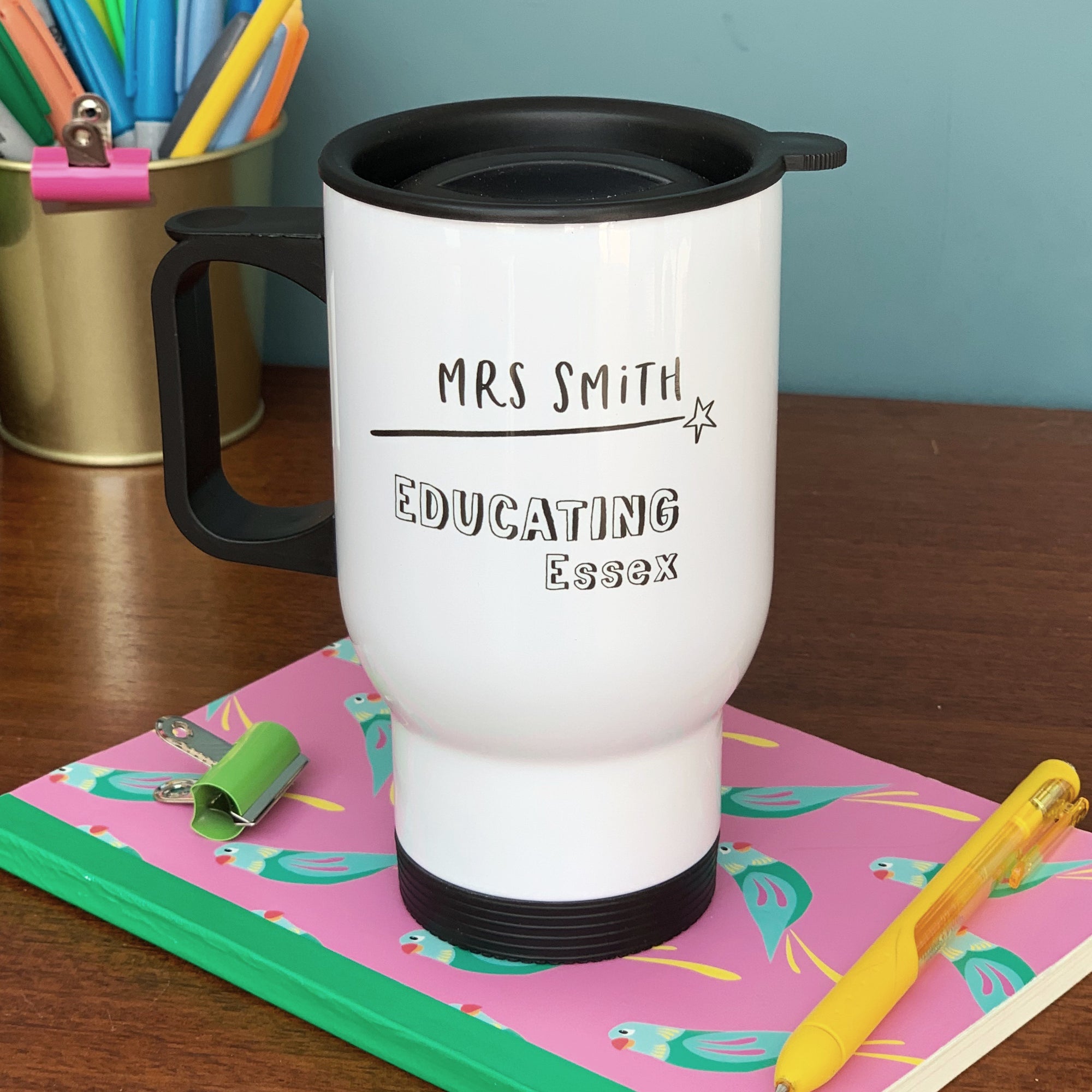 Teacher Travel Mug - Monochrome Educating Location - Hendog Designs