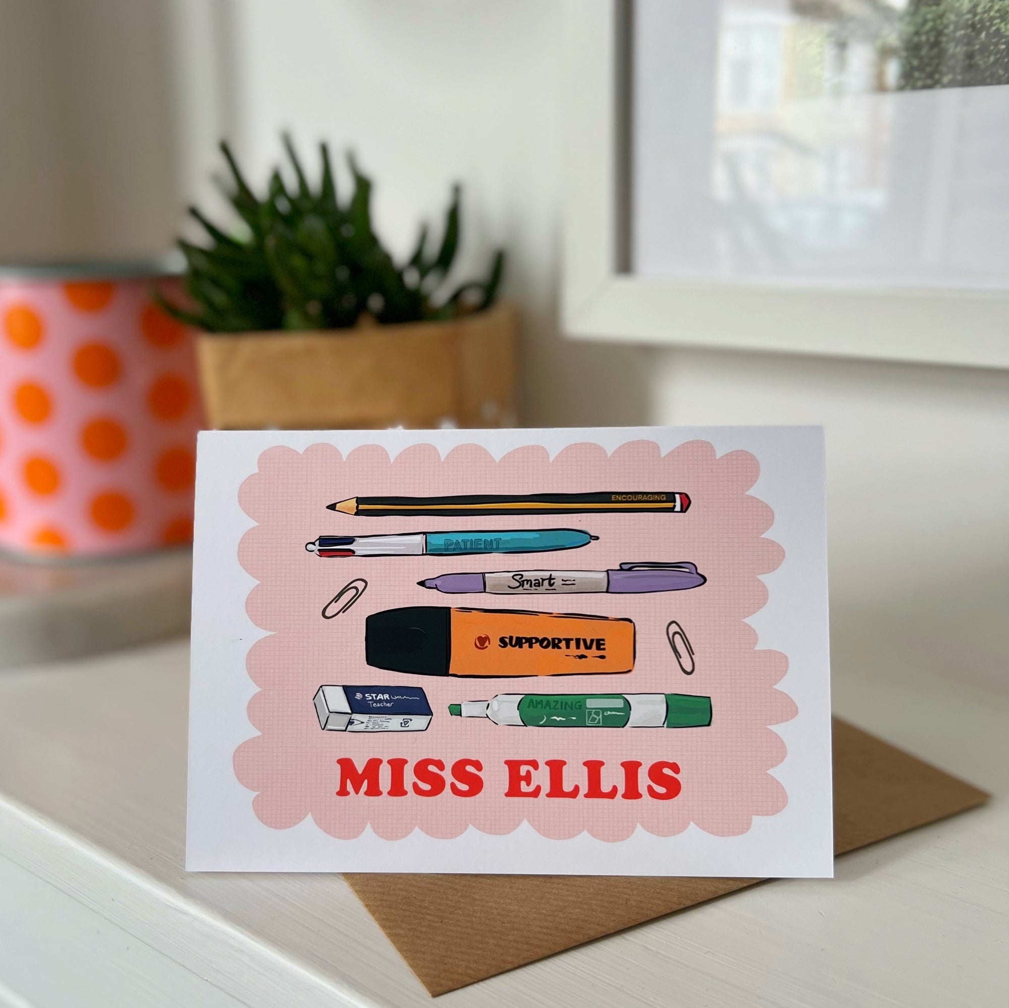 Thank You Teacher Card With Stationery Illustration