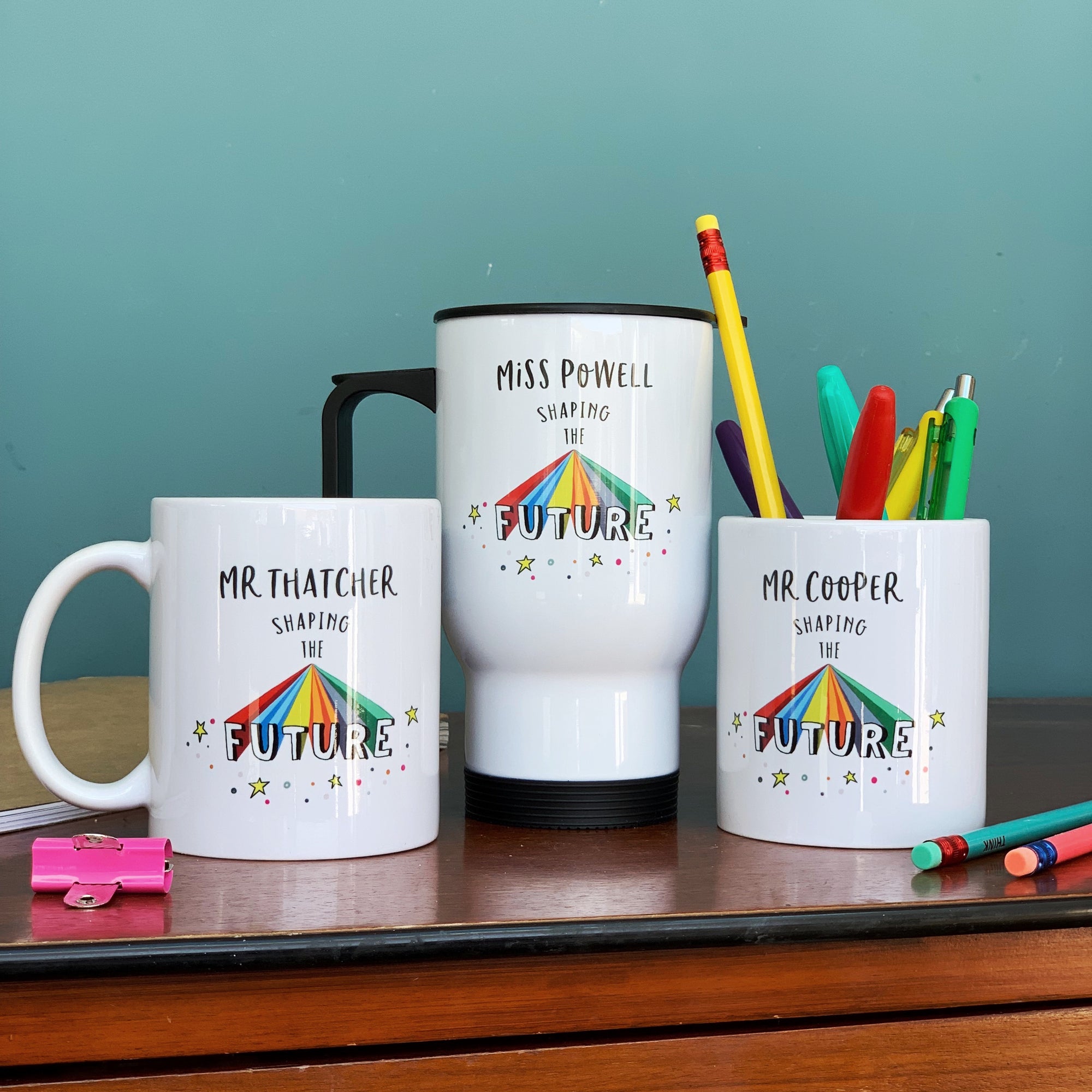 Teacher Travel Mug - Shaping The Future Rainbow Design - Hendog Designs