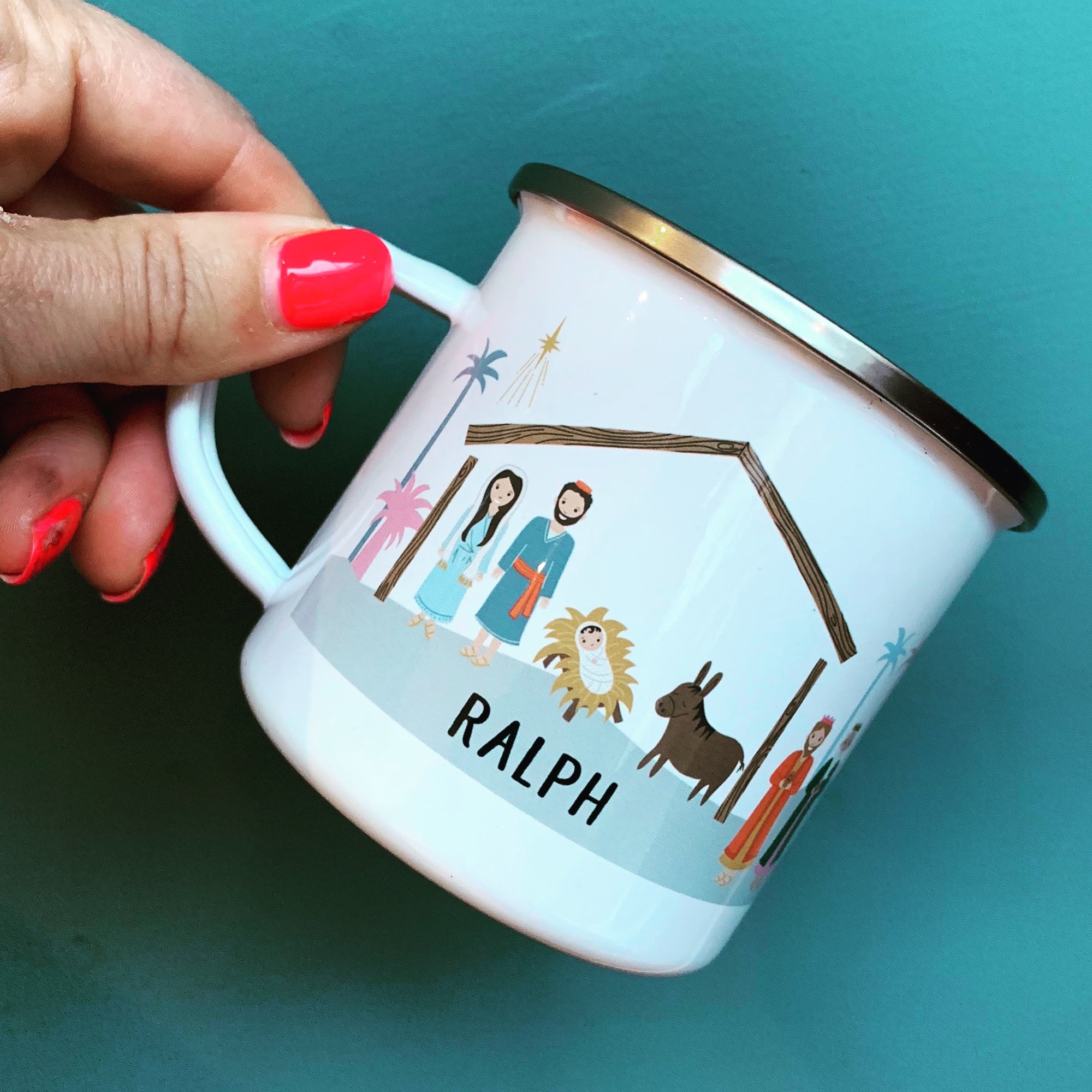 Personalised Retro Nativity Enamel Mug - Hendog Designs