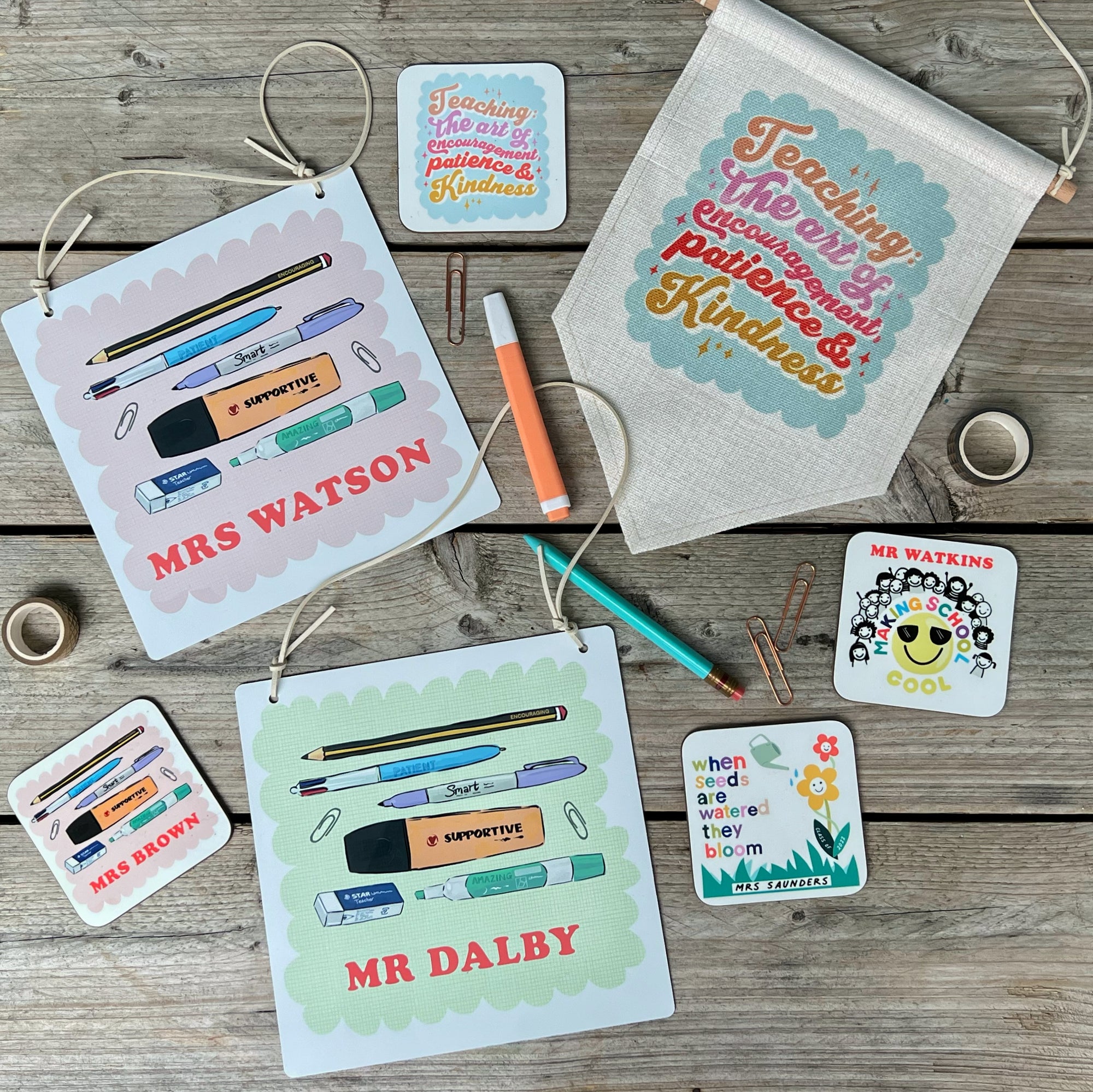 Teacher Tin Sign with Iconic Stationery Doodles With Positive Words