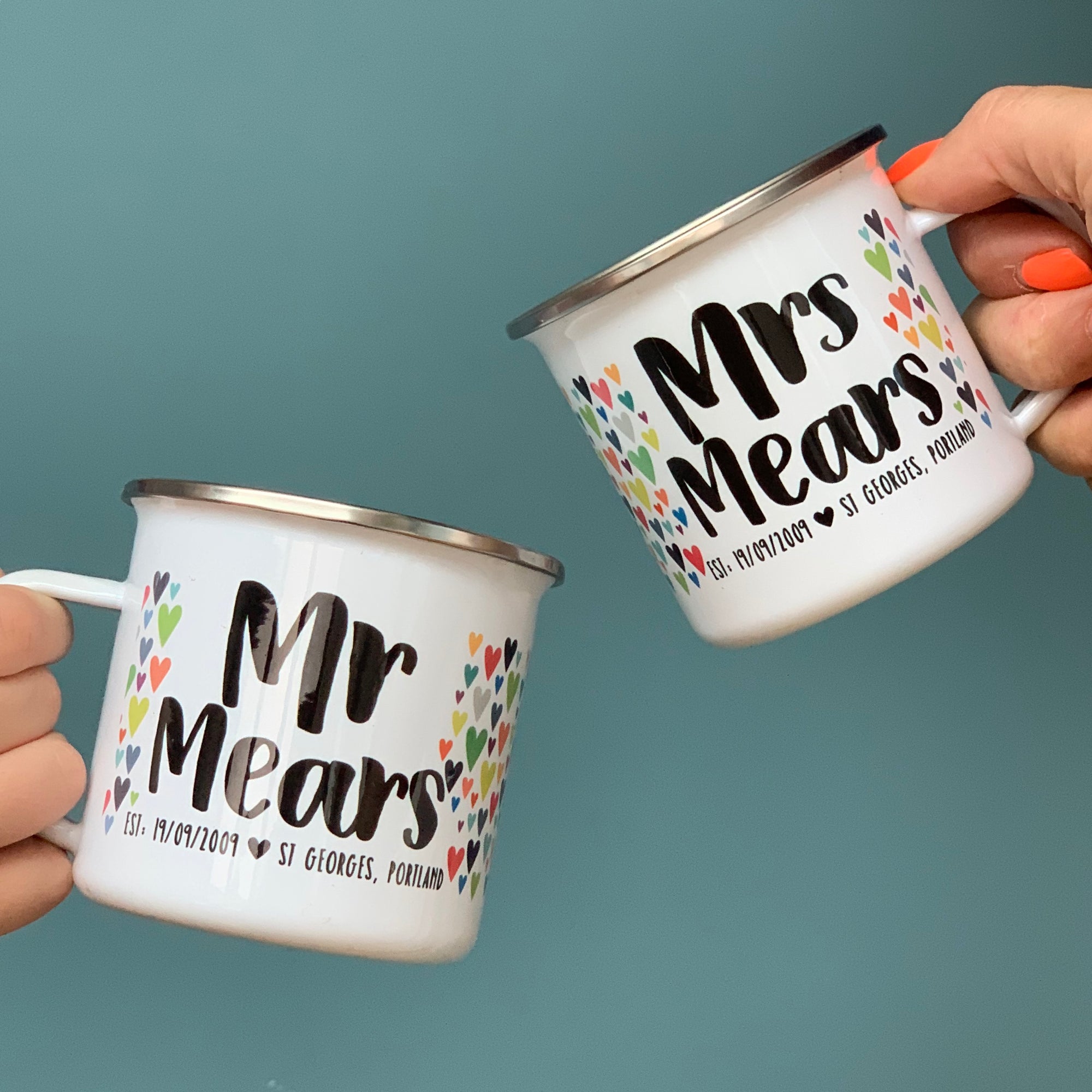 Mr And Mrs Personalised Enamel Mug Wedding Set - Hendog Designs