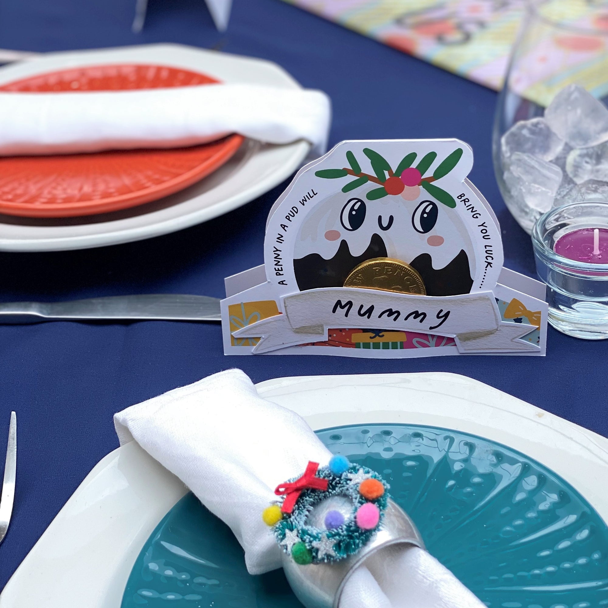 Set Of Four Christmas Pudding Place Setting with Chocolate Coin