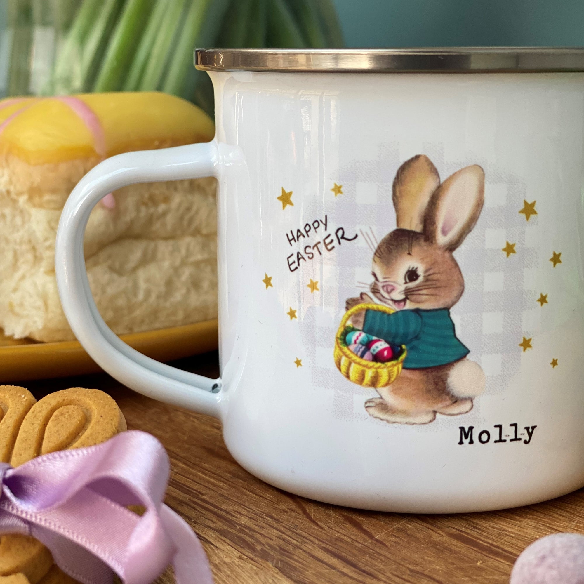 Retro Easter Bunny Gingham Background Enamel Mug