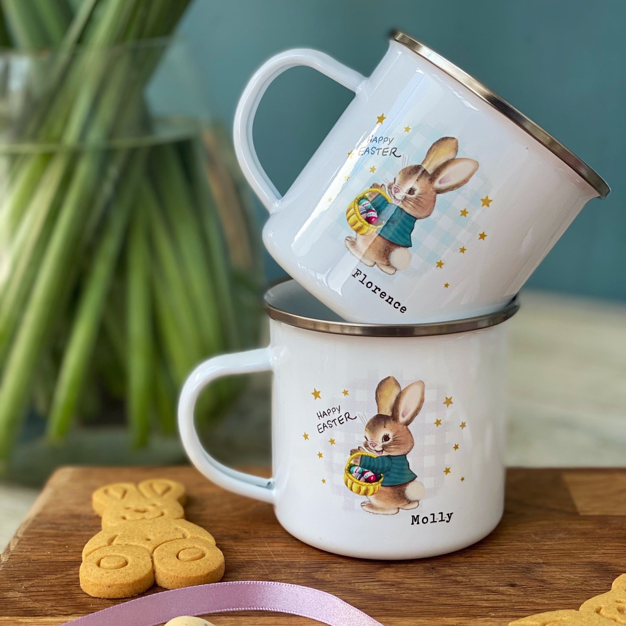 Retro Easter Bunny Gingham Background Enamel Mug