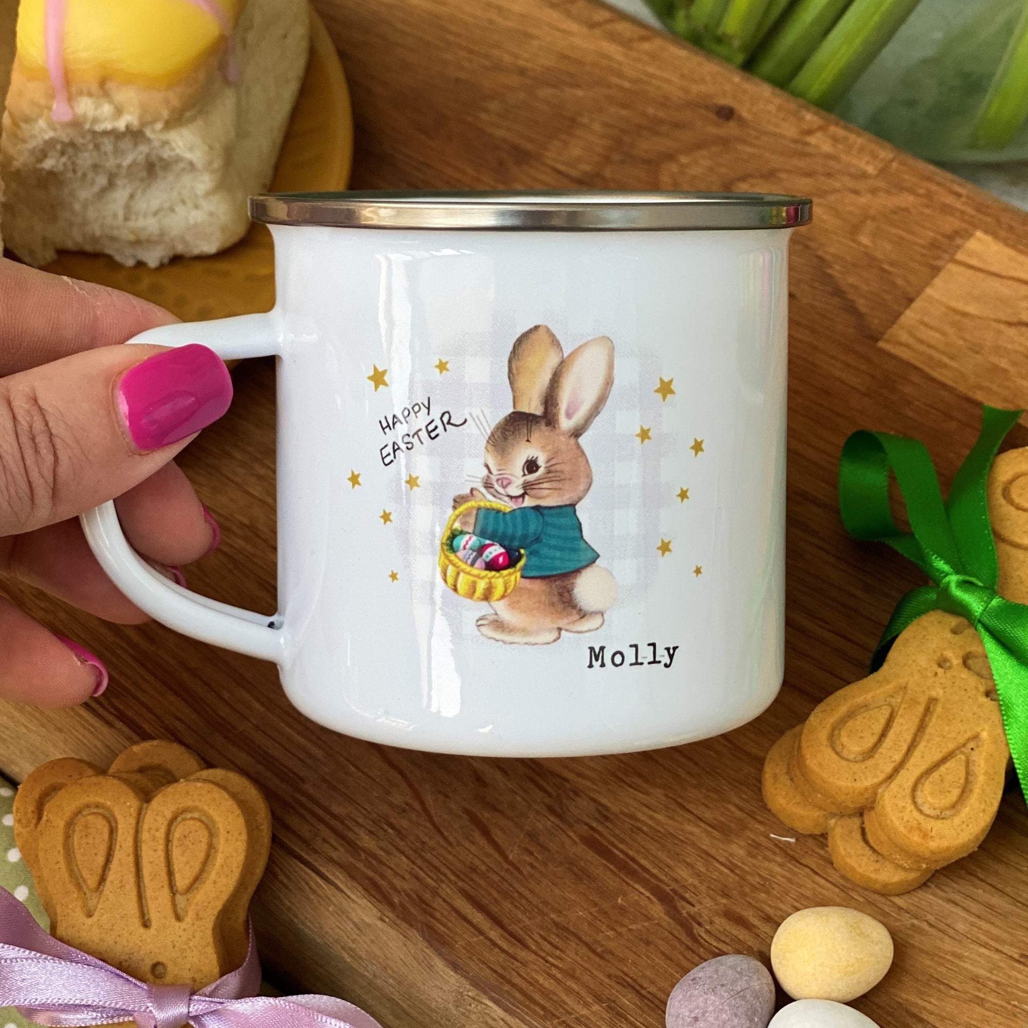 Retro Easter Bunny Gingham Background Enamel Mug