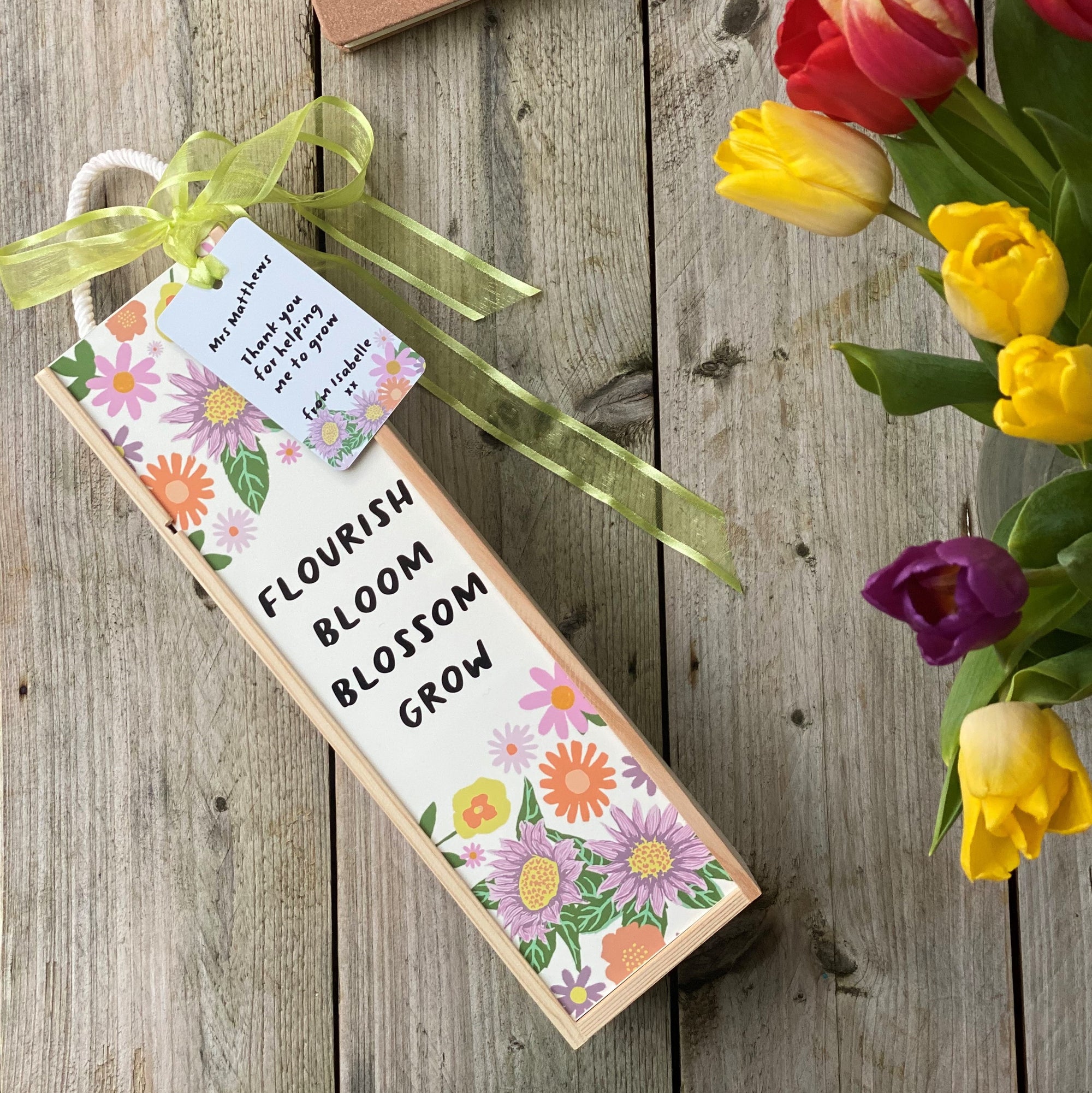 Teacher Floral Wine Box with personalised Tin Tag (Bottle not included)