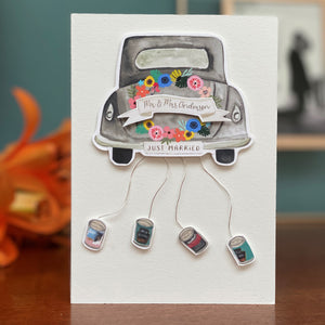 Luxury Personalised Wedding Card With Wedding car & cans hanging