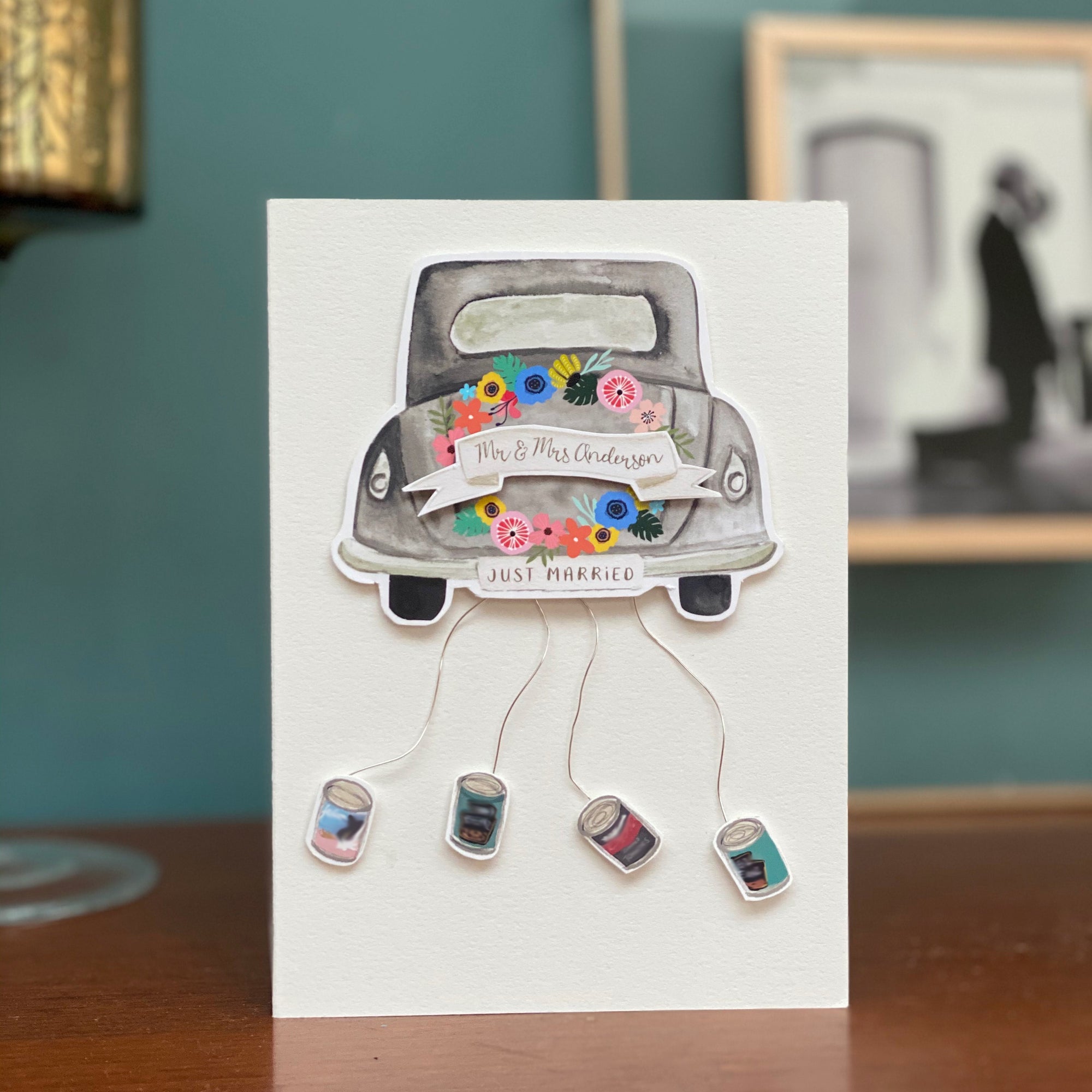 Luxury Personalised Wedding Card With Wedding car & cans hanging