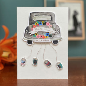 Luxury Personalised Wedding Card With Wedding car & cans hanging